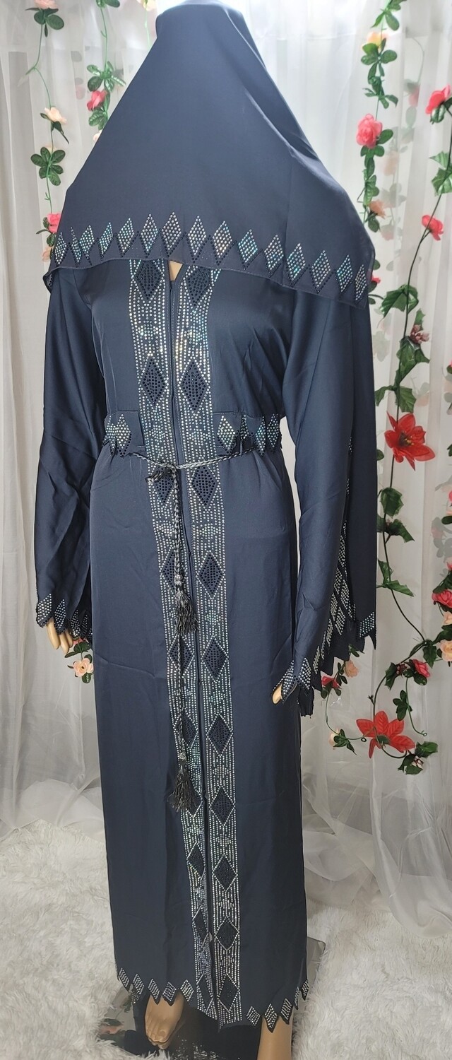 Gray Rhinestone Cutwork Modest Dubai Abaya