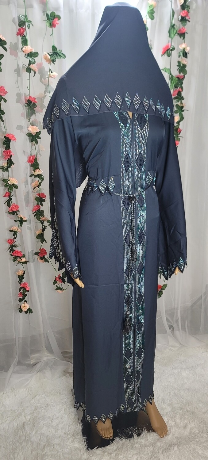 Gray Rhinestone Cutwork Modest Dubai Abaya