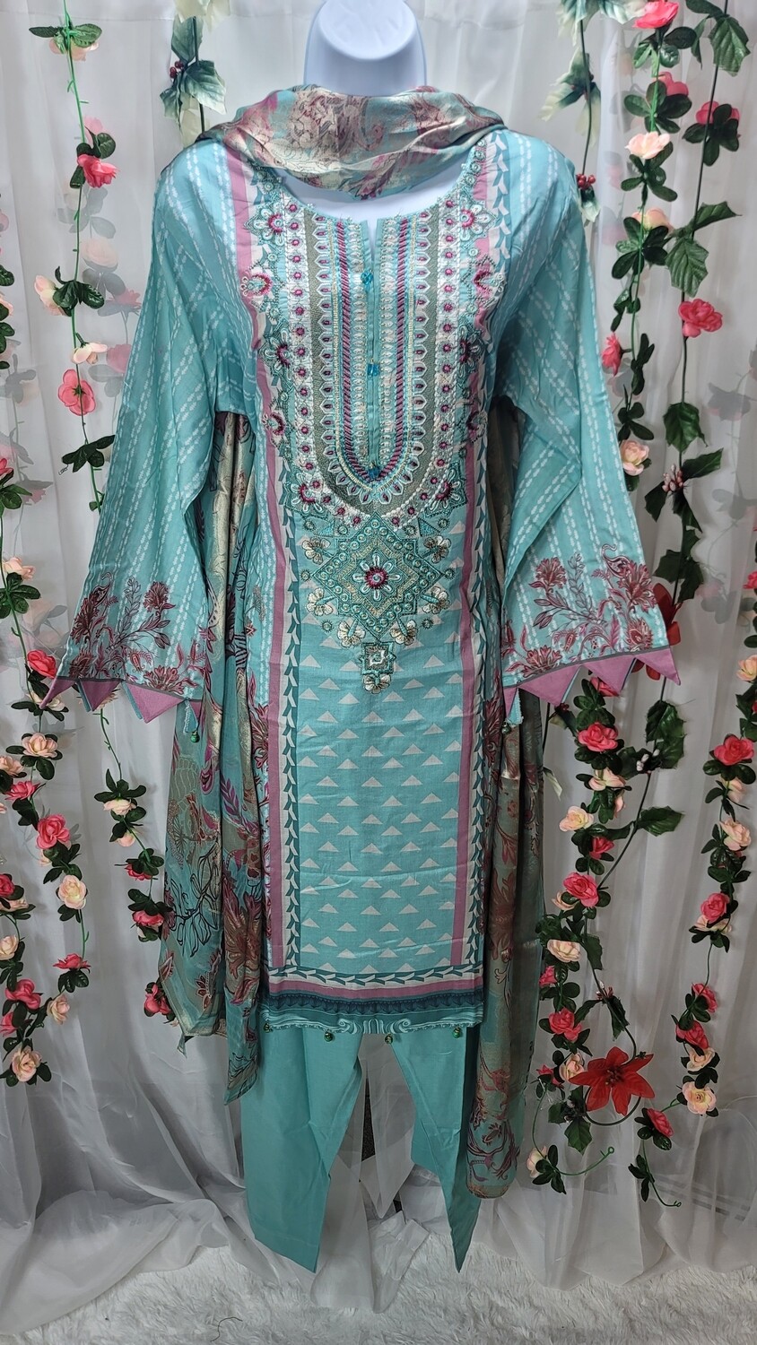 Light Blue- Pakistani Embroidered Lawn with Fancy Broshia Dupatta