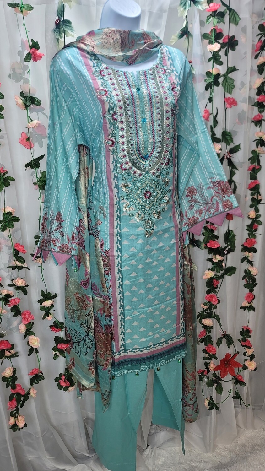 Light Blue- Pakistani Embroidered Lawn with Fancy Broshia Dupatta