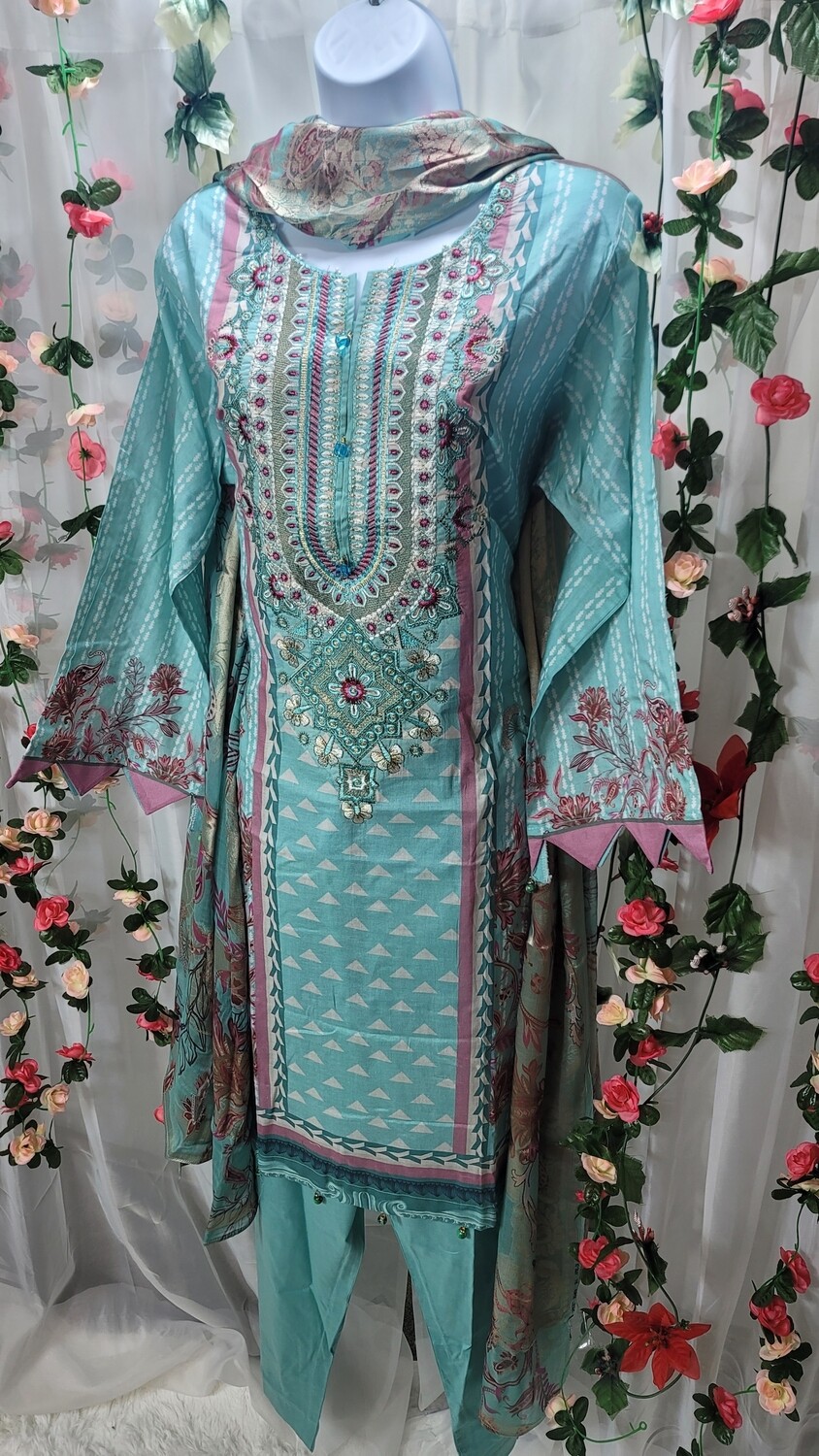 Light Blue- Pakistani Embroidered Lawn with Fancy Broshia Dupatta