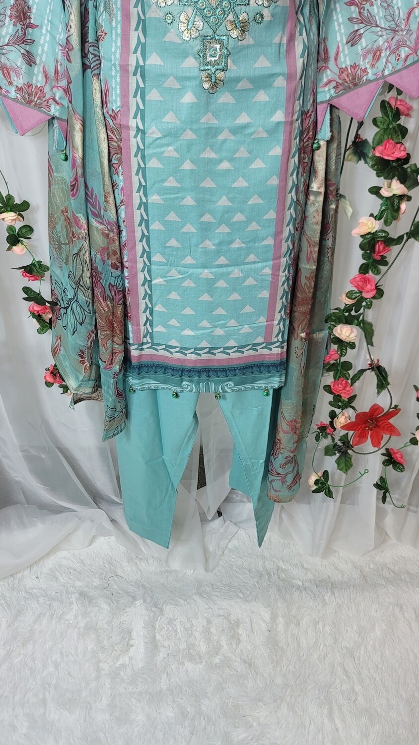 Light Blue- Pakistani Embroidered Lawn with Fancy Broshia Dupatta