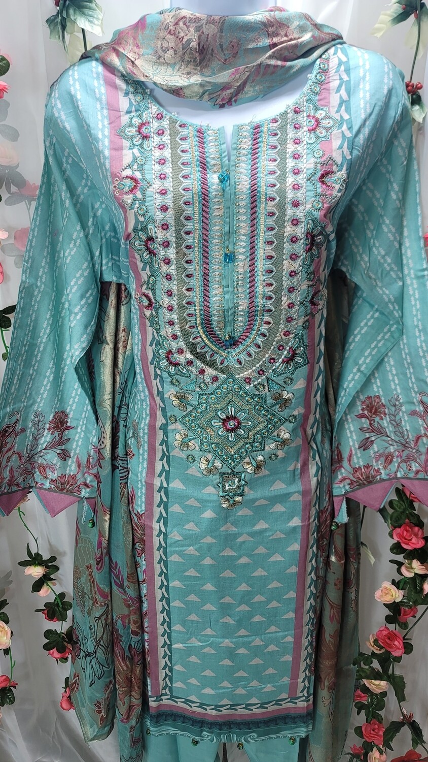 Light Blue- Pakistani Embroidered Lawn with Fancy Broshia Dupatta