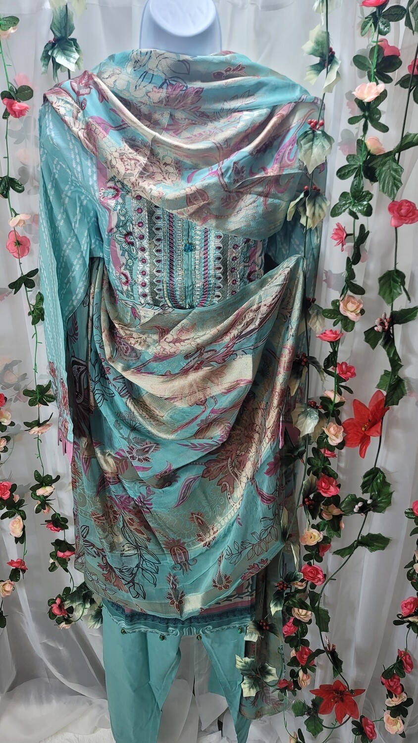 Light Blue- Pakistani Embroidered Lawn with Fancy Broshia Dupatta