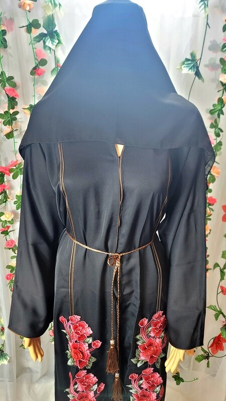 Black Flower Embroidered Modest Dubai Abaya