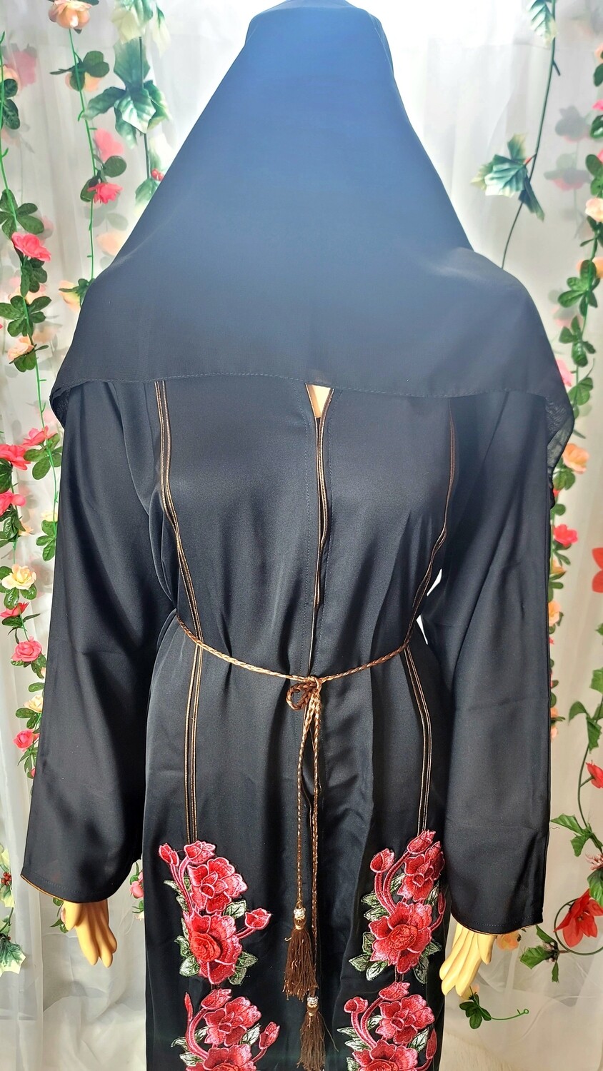 Black Flower Embroidered Modest Dubai Abaya