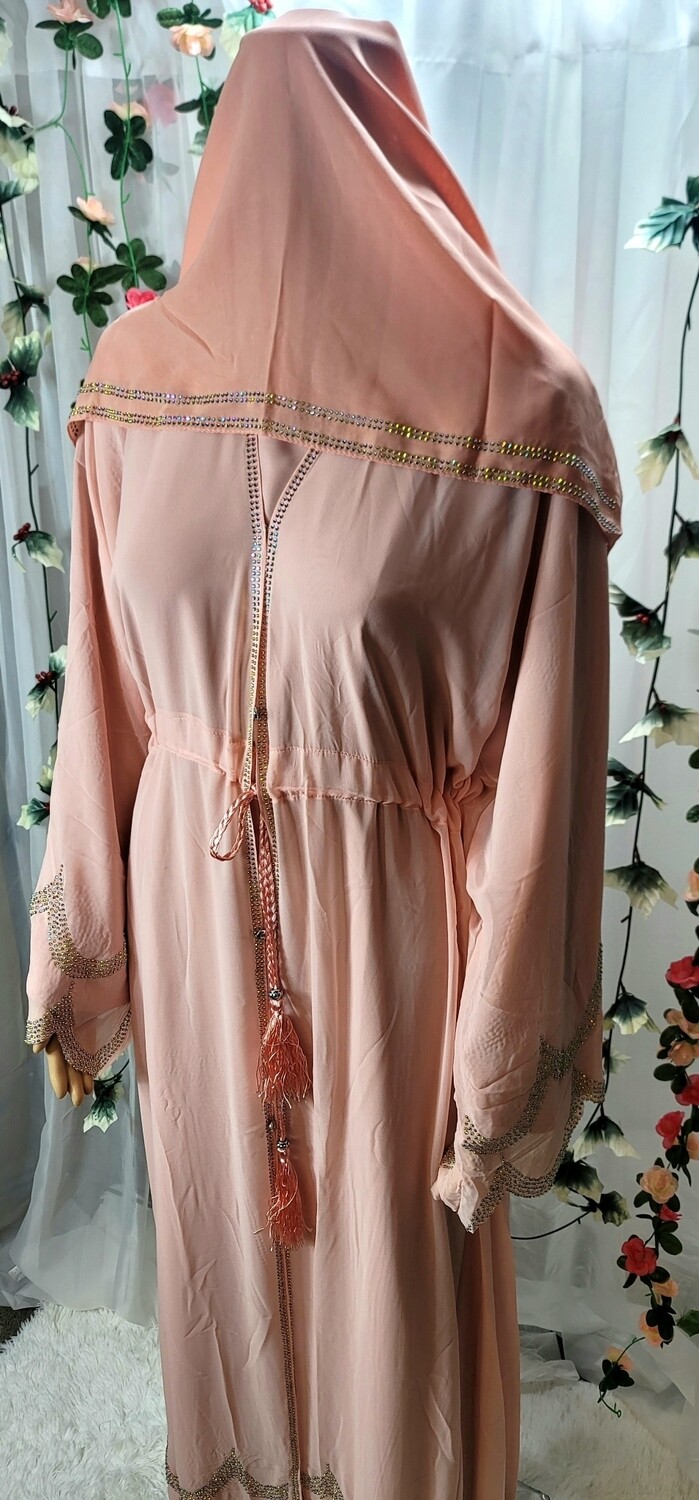 Peach Rhinestone Waves Modest Dubai Abaya