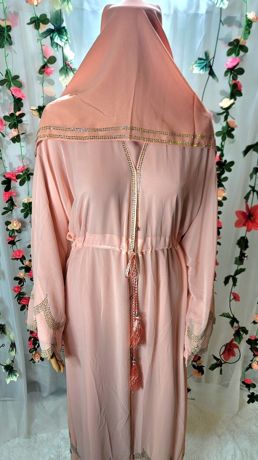 Peach Rhinestone Waves Modest Dubai Abaya