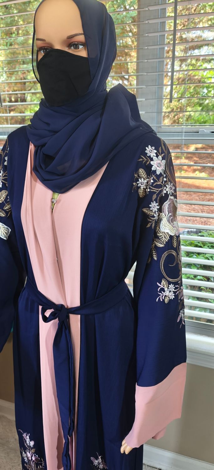 Navy Blue Floral Modest Dubai Abaya