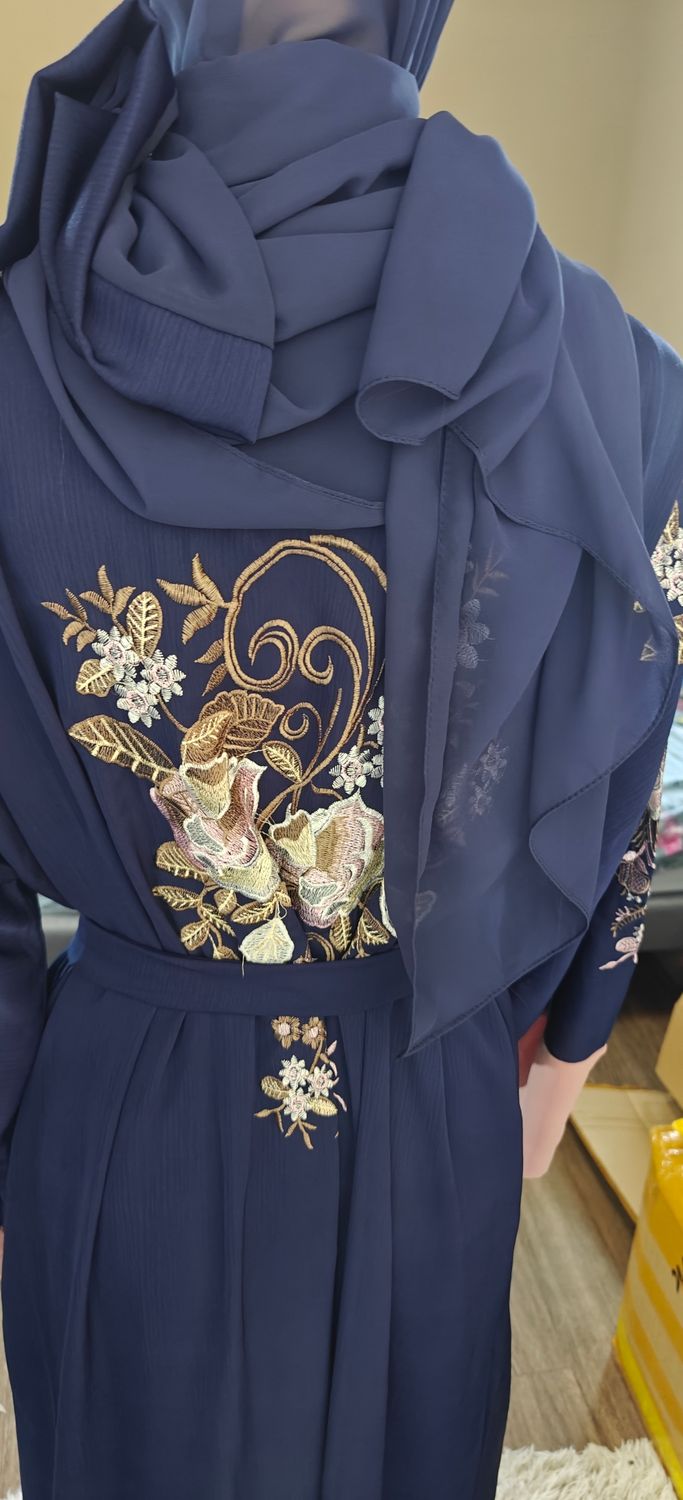 Navy Blue Floral Modest Dubai Abaya
