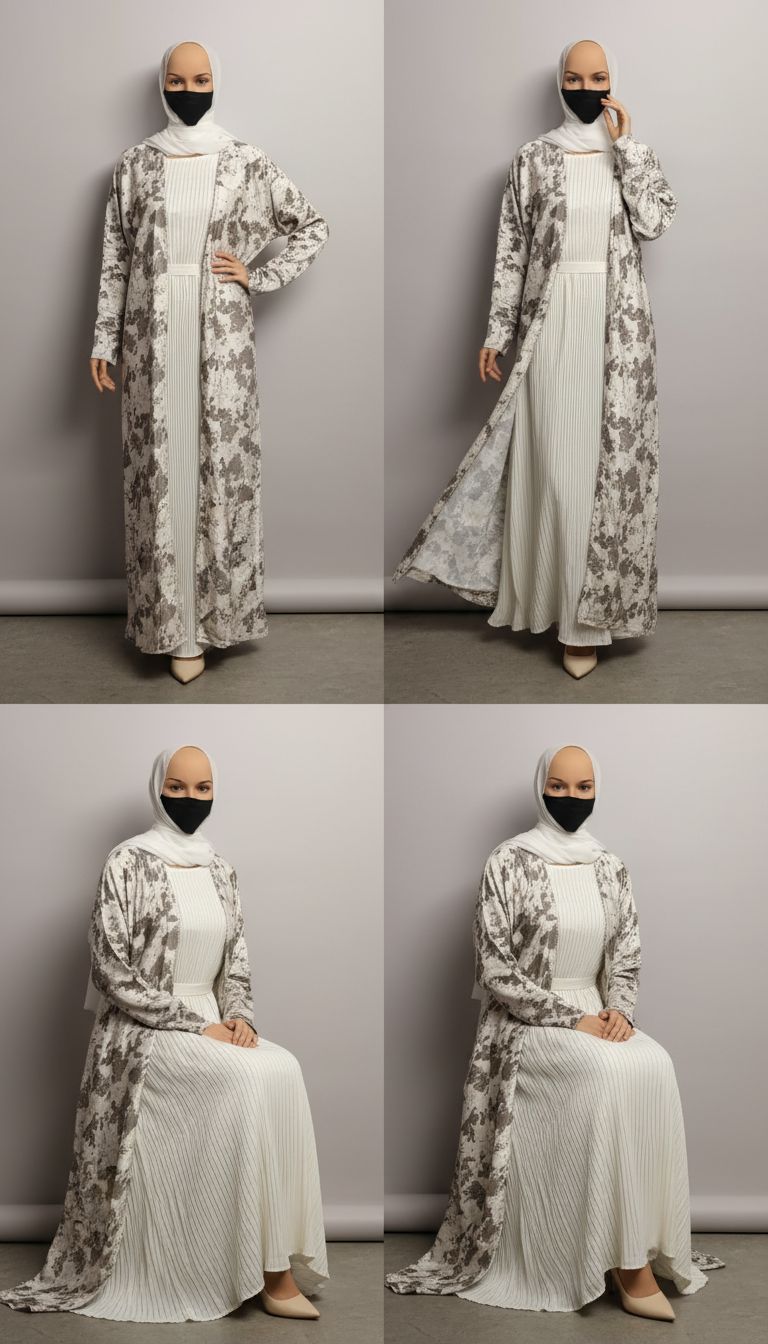 Patterned White Pleated Modest Dubai Abaya