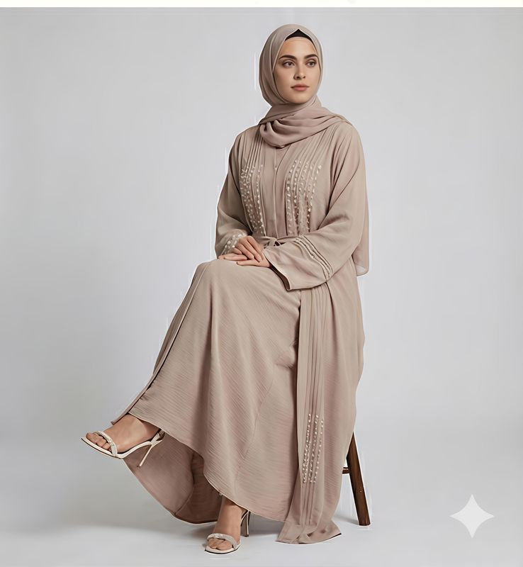 Pearled Cream Color Modest Dubai Abaya