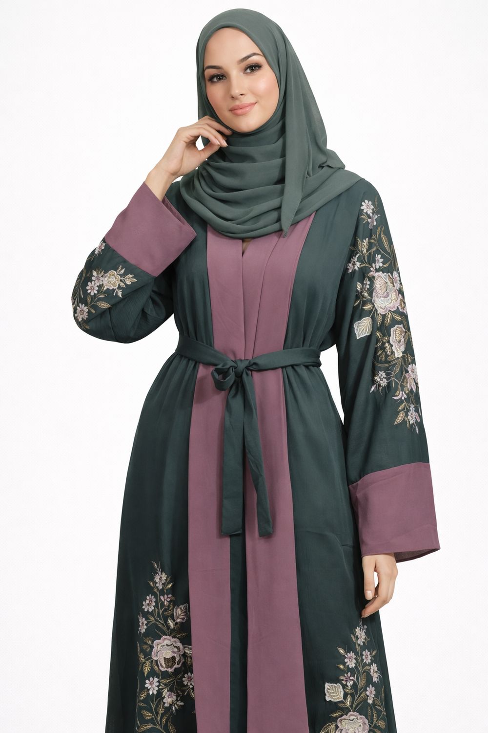 Green Floral Modest Dubai Abaya