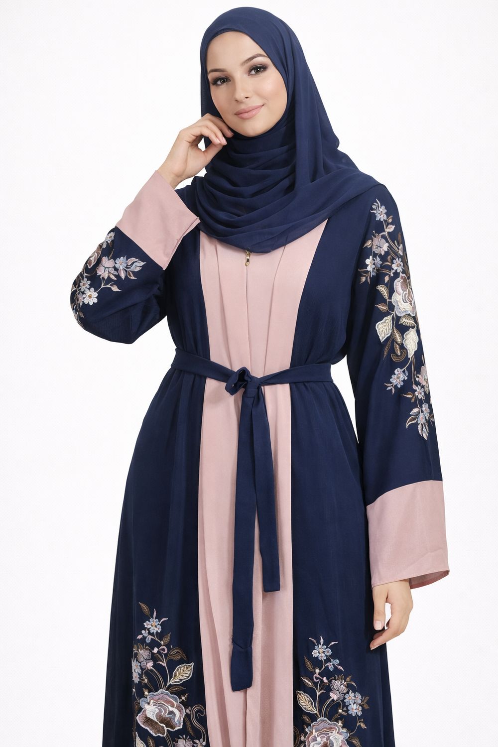 Navy Blue Floral Modest Dubai Abaya