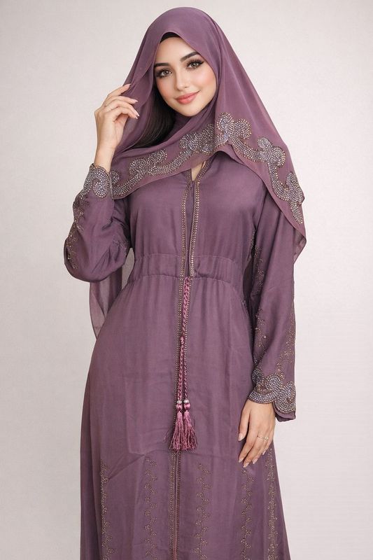 Dark Lavender Rhinestone Fashion Dubai Abaya