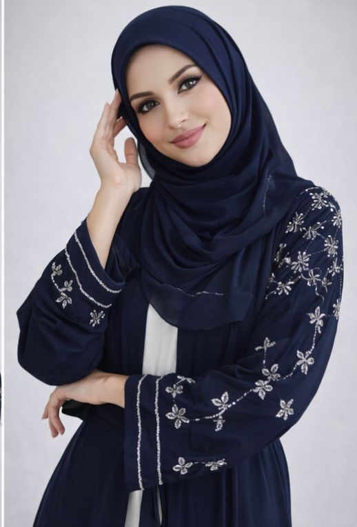 Navy Blue Embellished Sleeve Modest Dubai Abaya