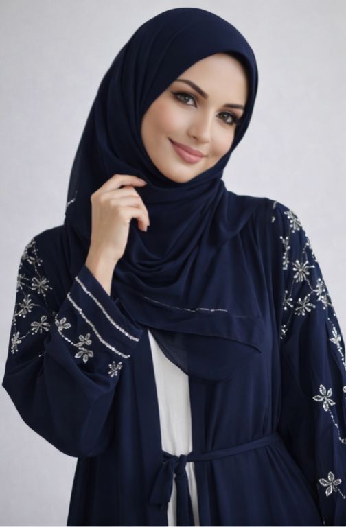 Navy Blue Embellished Sleeve Modest Dubai Abaya