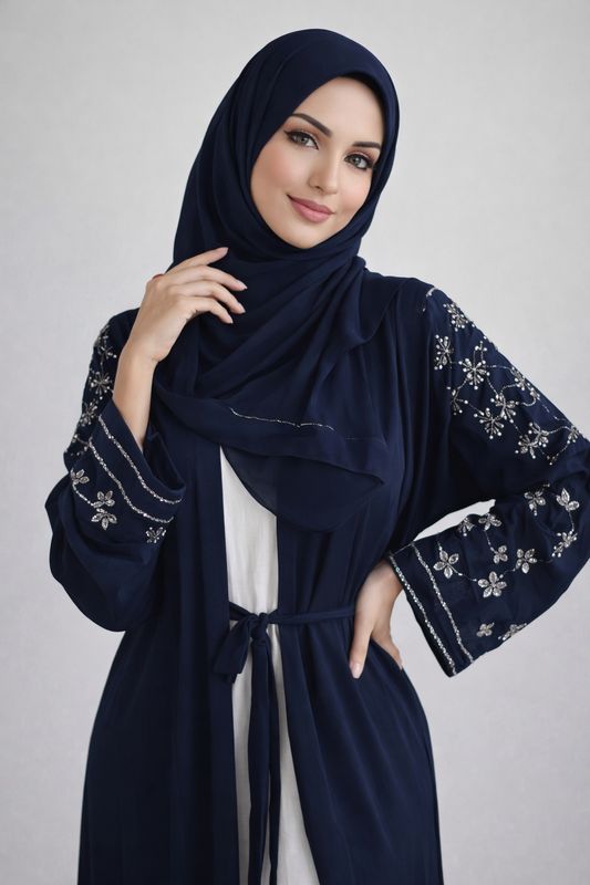 Navy Blue Embellished Sleeve Modest Dubai Abaya