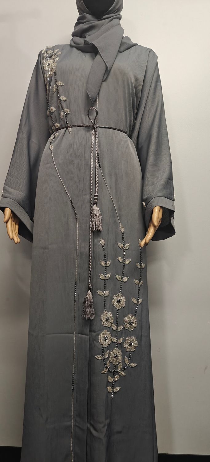 Embroidery Beaded Gray Color Modest Dubai Abaya