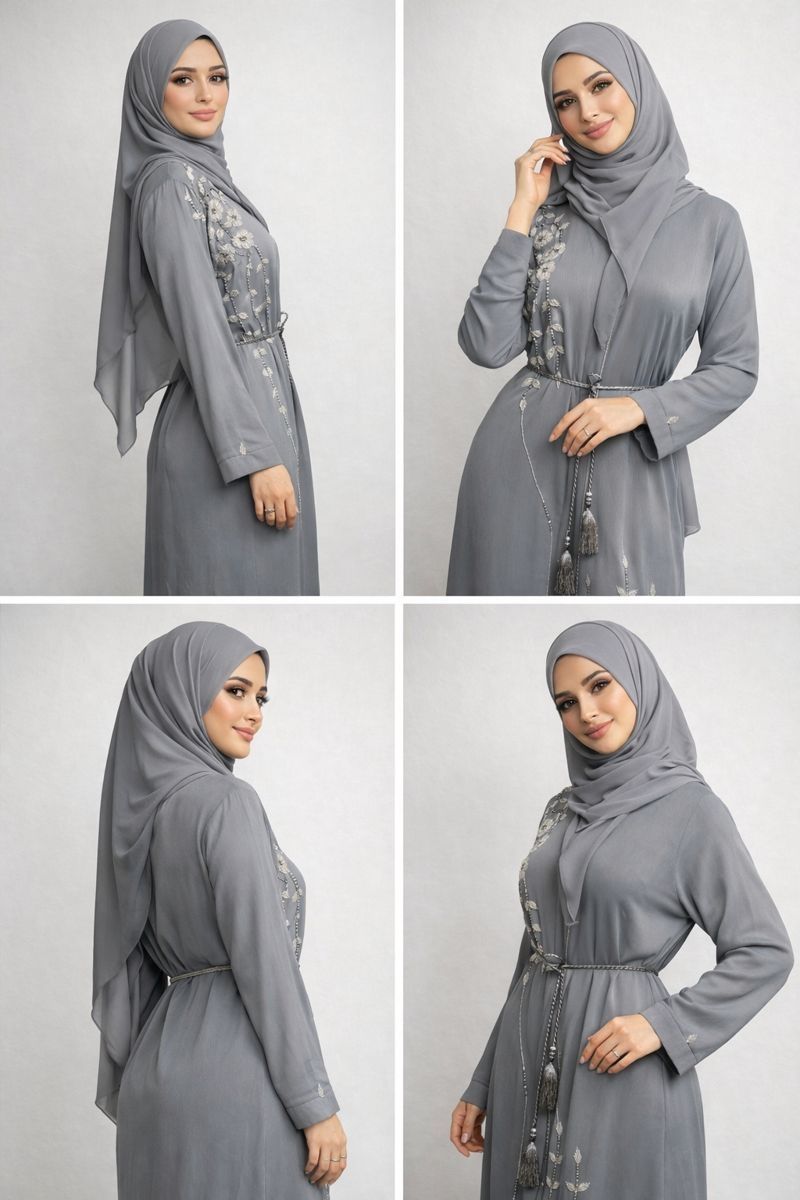 Embroidery Beaded Gray Color Modest Dubai Abaya