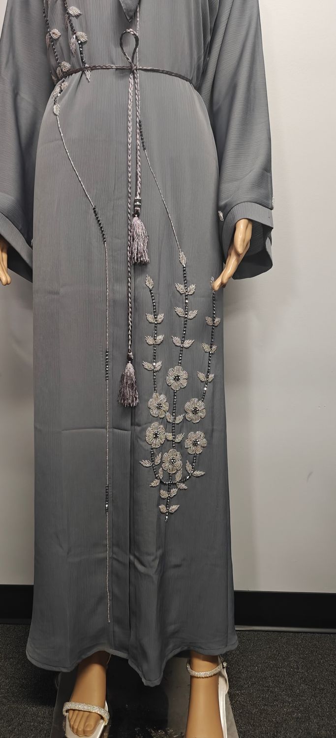 Embroidery Beaded Gray Color Modest Dubai Abaya