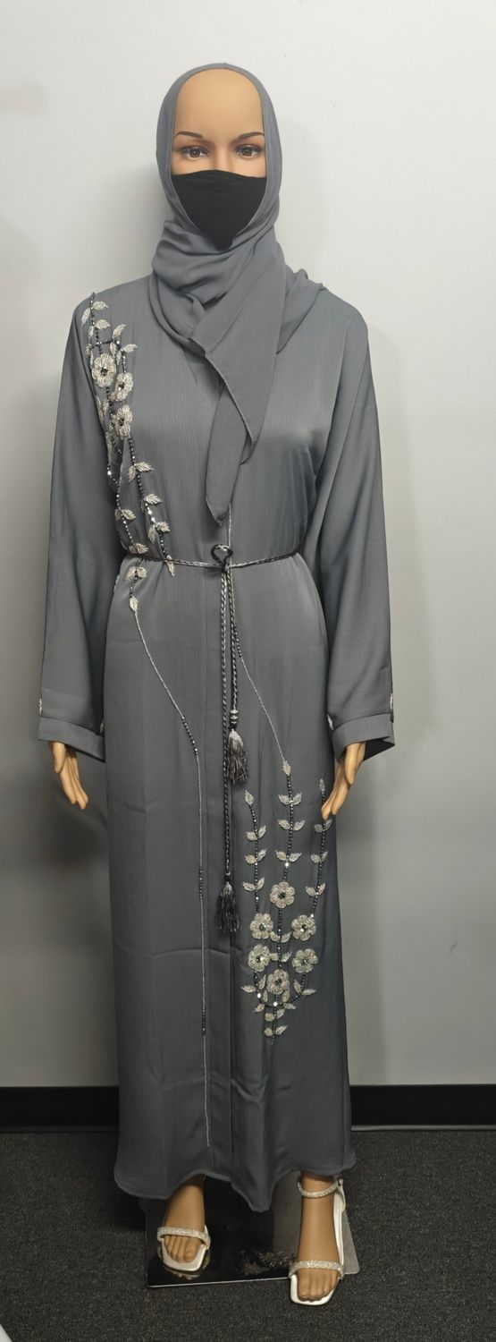 Embroidery Beaded Gray Color Modest Dubai Abaya