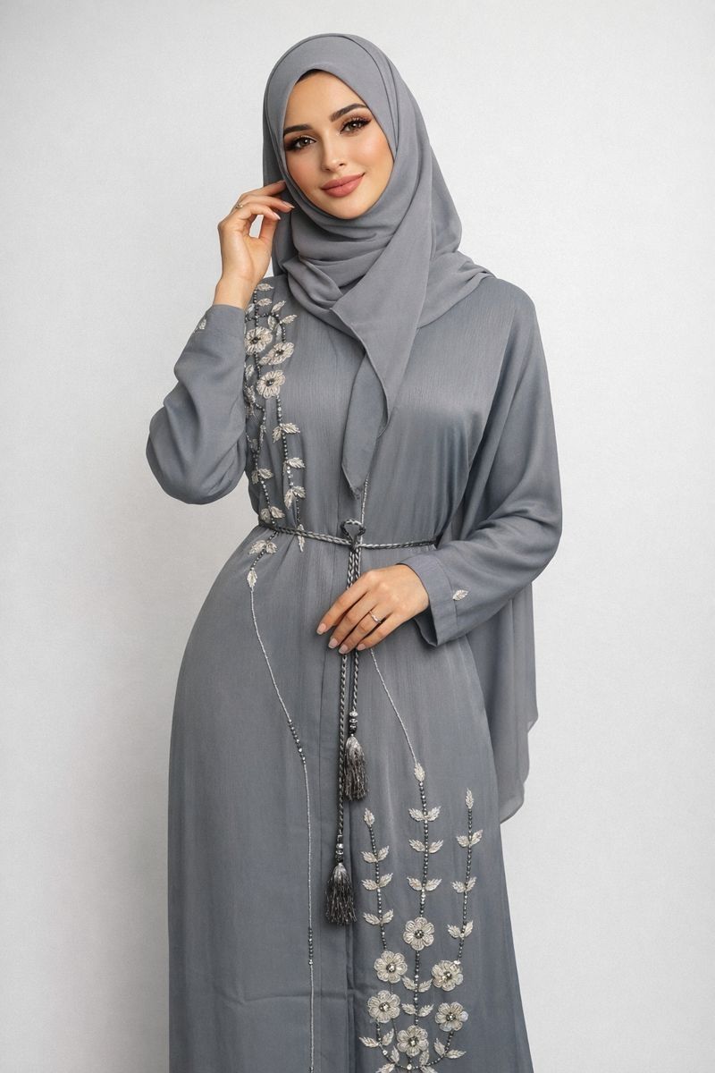 Embroidery Beaded Gray Color Modest Dubai Abaya