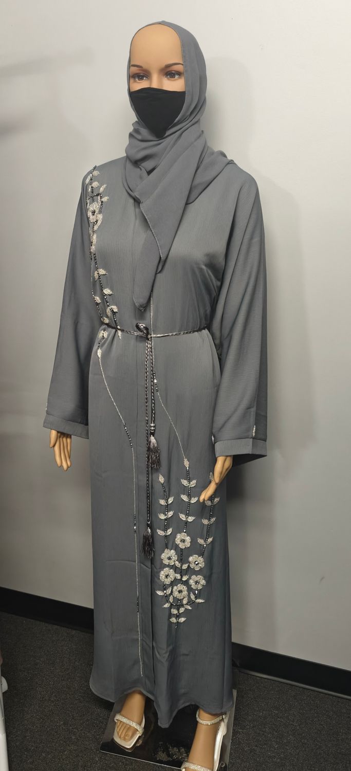 Embroidery Beaded Gray Color Modest Dubai Abaya