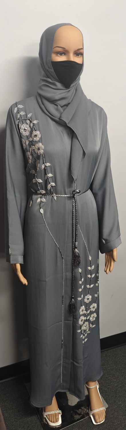 Embroidery Beaded Gray Color Modest Dubai Abaya