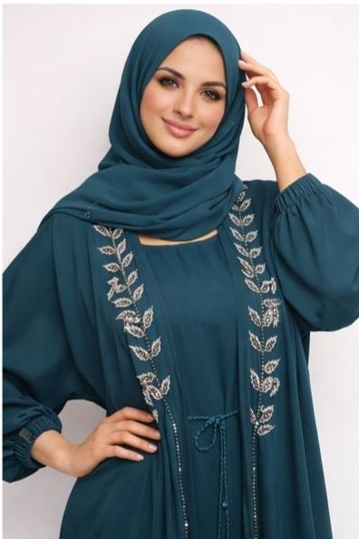 Emerald Green Embellished Cuff Sleeve Modest Dubai Abaya