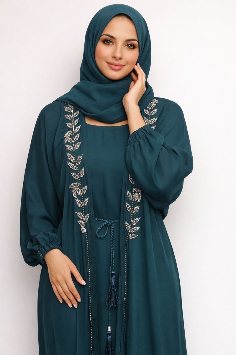 Emerald Green Embellished Cuff Sleeve Modest Dubai Abaya