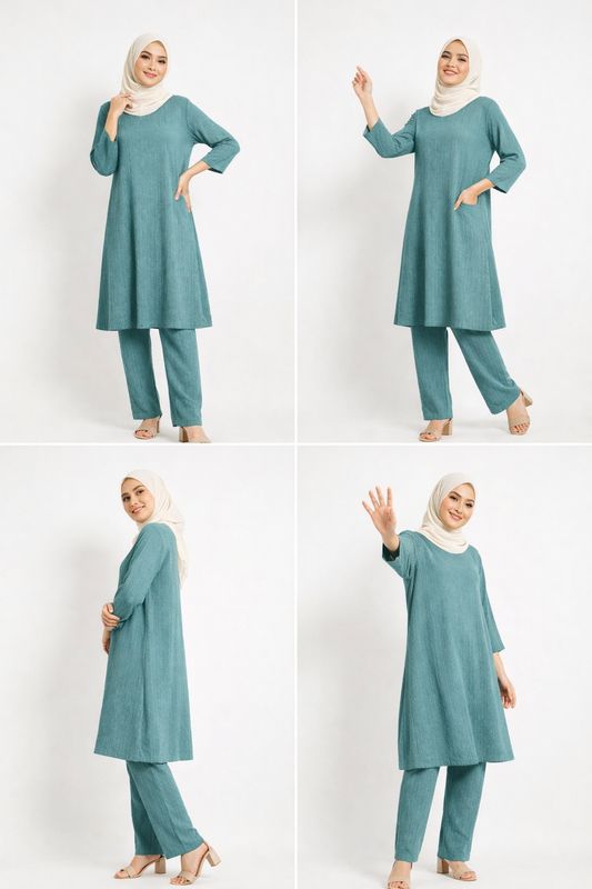 Light Teal  Co-ord Set, Long Tunic and Pants with Pockets