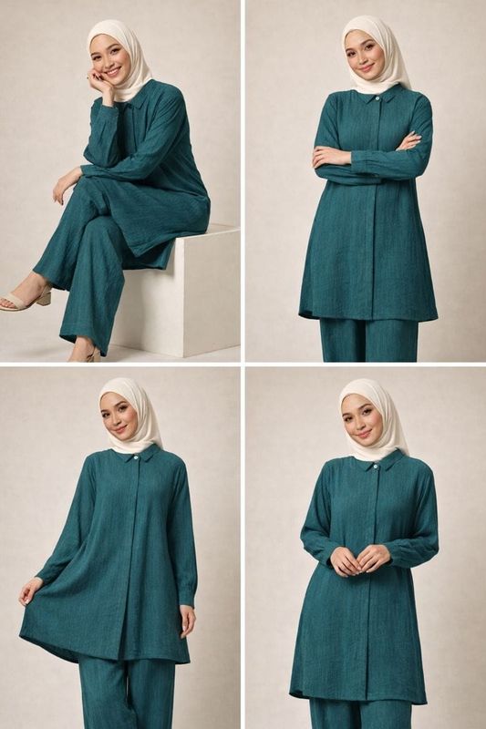 Deep Teal Co-ord Set, Collared Button Up Long Tunic and Pants with Pockets
