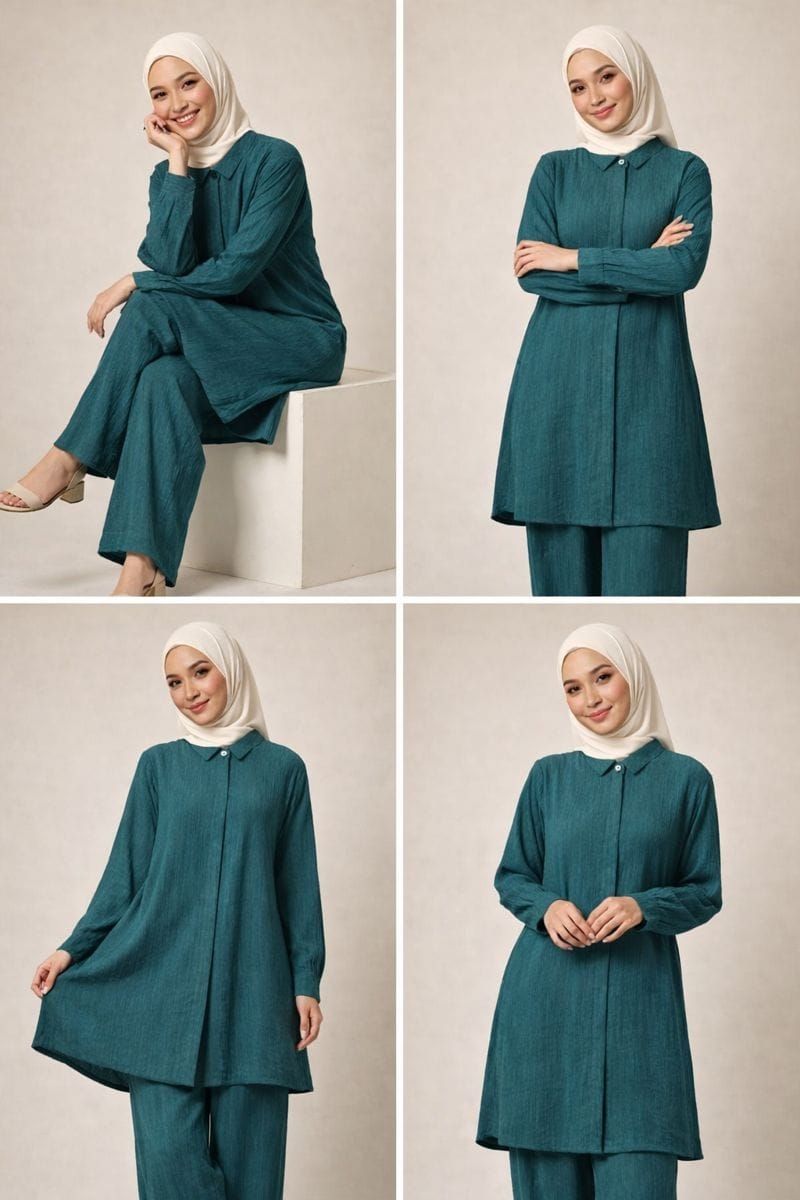 Deep Teal Co-ord Set, Collared Button Up Long Tunic and Pants with Pockets