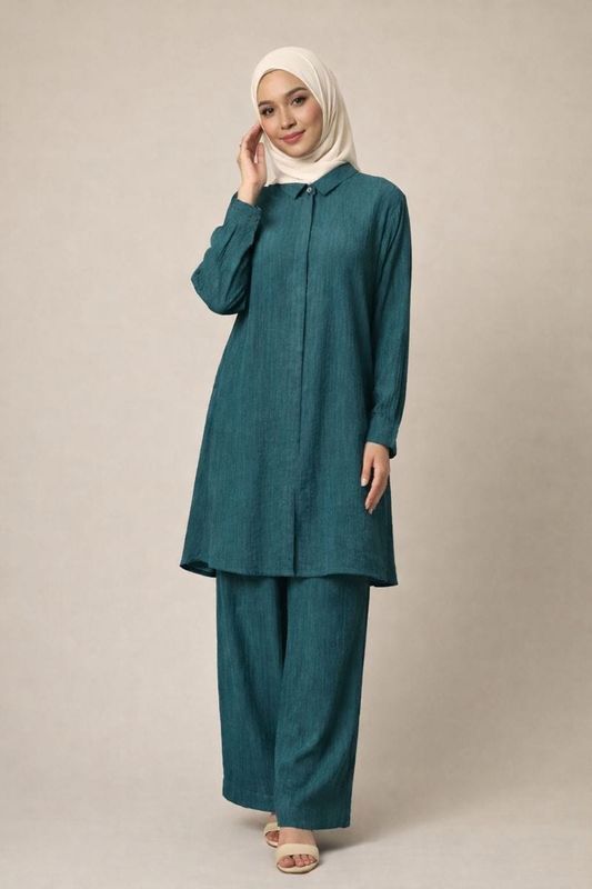 Deep Teal Co-ord Set, Collared Button Up Long Tunic and Pants with Pockets
