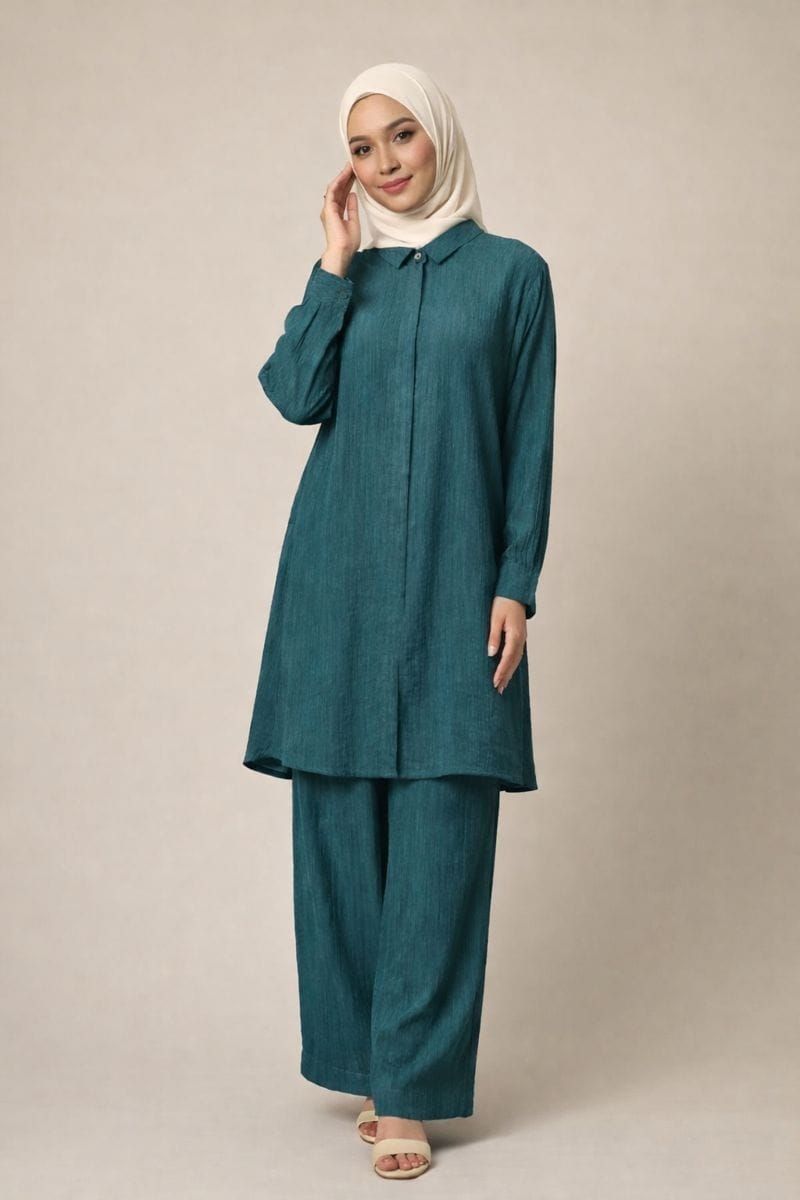 Deep Teal Co-ord Set, Collared Button Up Long Tunic and Pants with Pockets