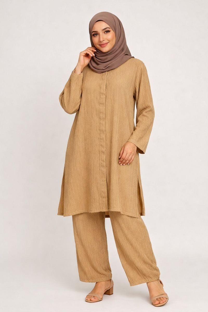 Beige Co-ord Set, Collared Button Up Long Tunic and Pants with Pockets