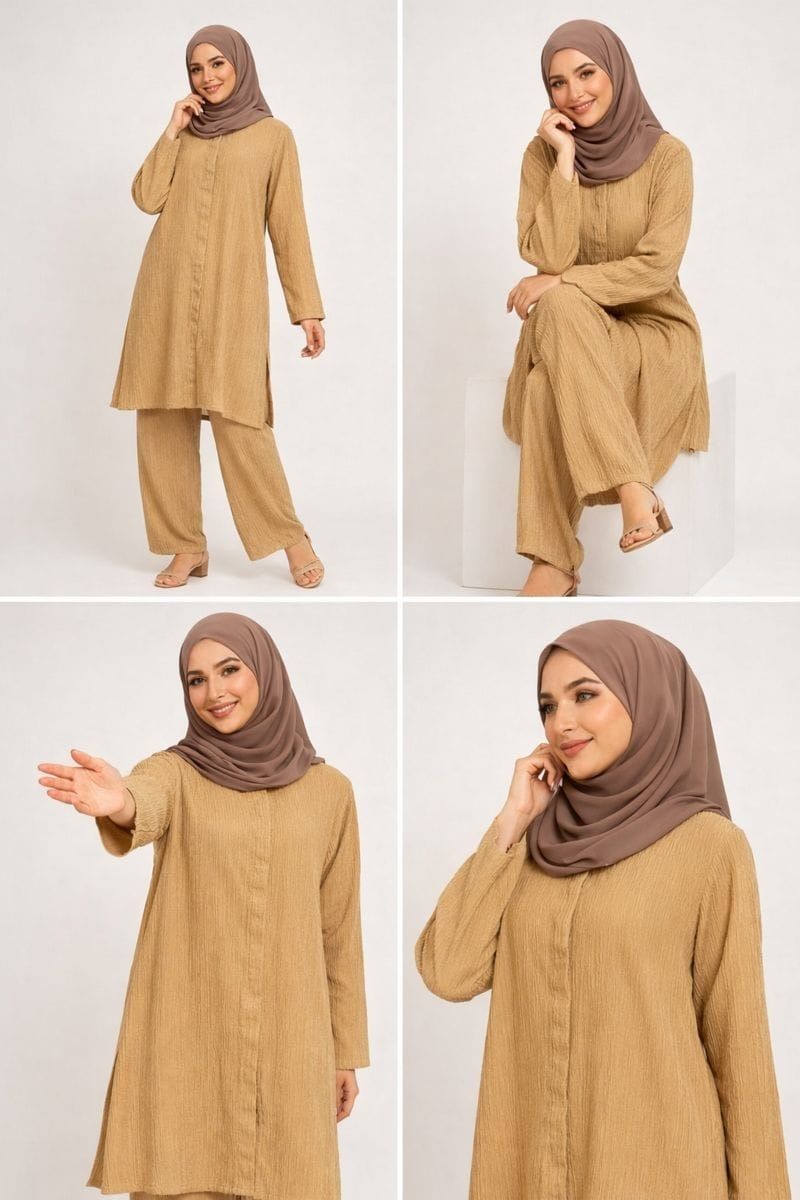 Beige Co-ord Set, Collared Button Up Long Tunic and Pants with Pockets