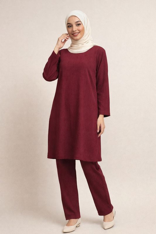 Wine Co-ord Set, Long Tunic and Pants with Pockets