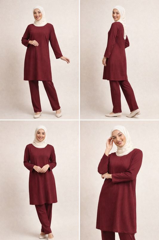 Wine Co-ord Set, Long Tunic and Pants with Pockets