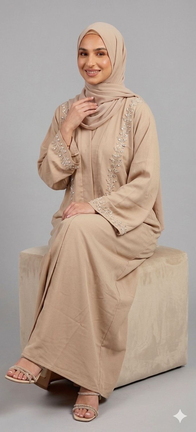 Elegant Beige Beaded Abaya – Modest Luxury Open Front Abaya with Hand Embellished Details