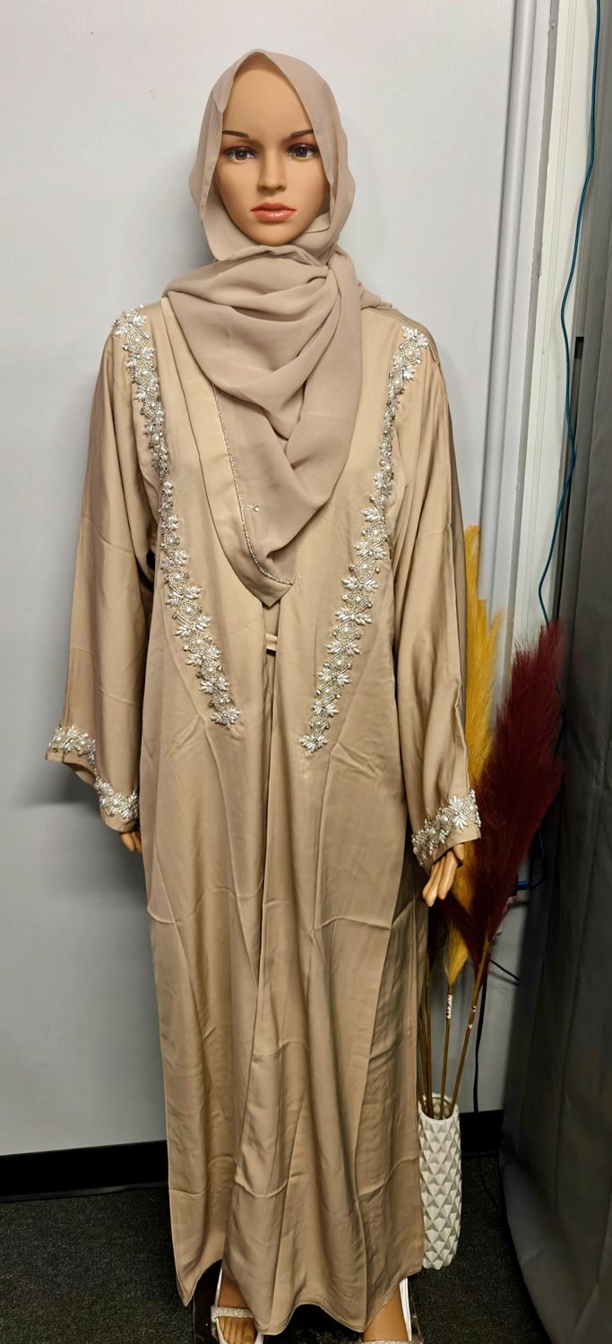 Elegant Beige Beaded Abaya – Modest Luxury Open Front Abaya with Hand Embellished Details