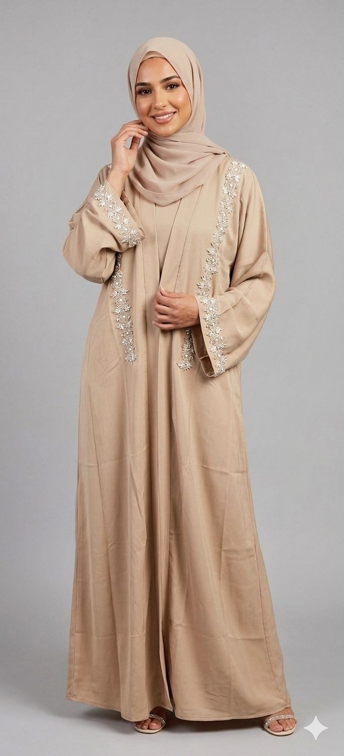 Elegant Beige Beaded Abaya – Modest Luxury Open Front Abaya with Hand Embellished Details