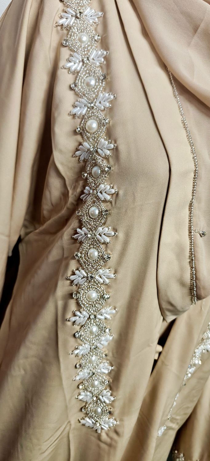 Elegant Beige Beaded Abaya – Modest Luxury Open Front Abaya with Hand Embellished Details