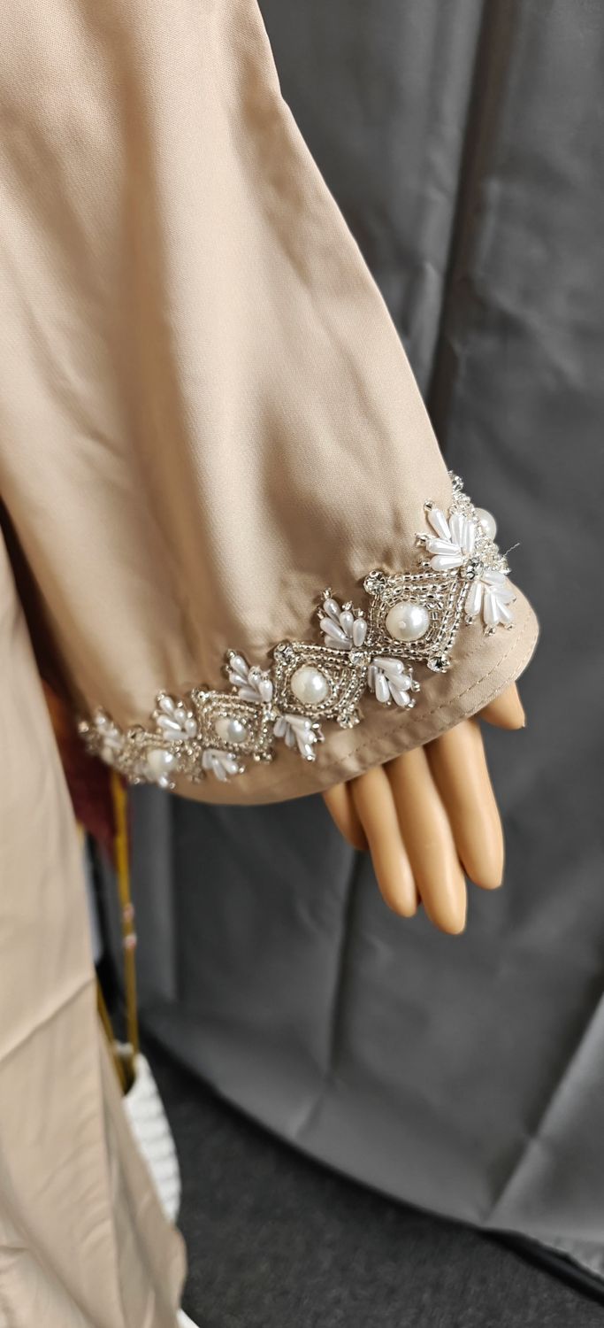 Elegant Beige Beaded Abaya – Modest Luxury Open Front Abaya with Hand Embellished Details