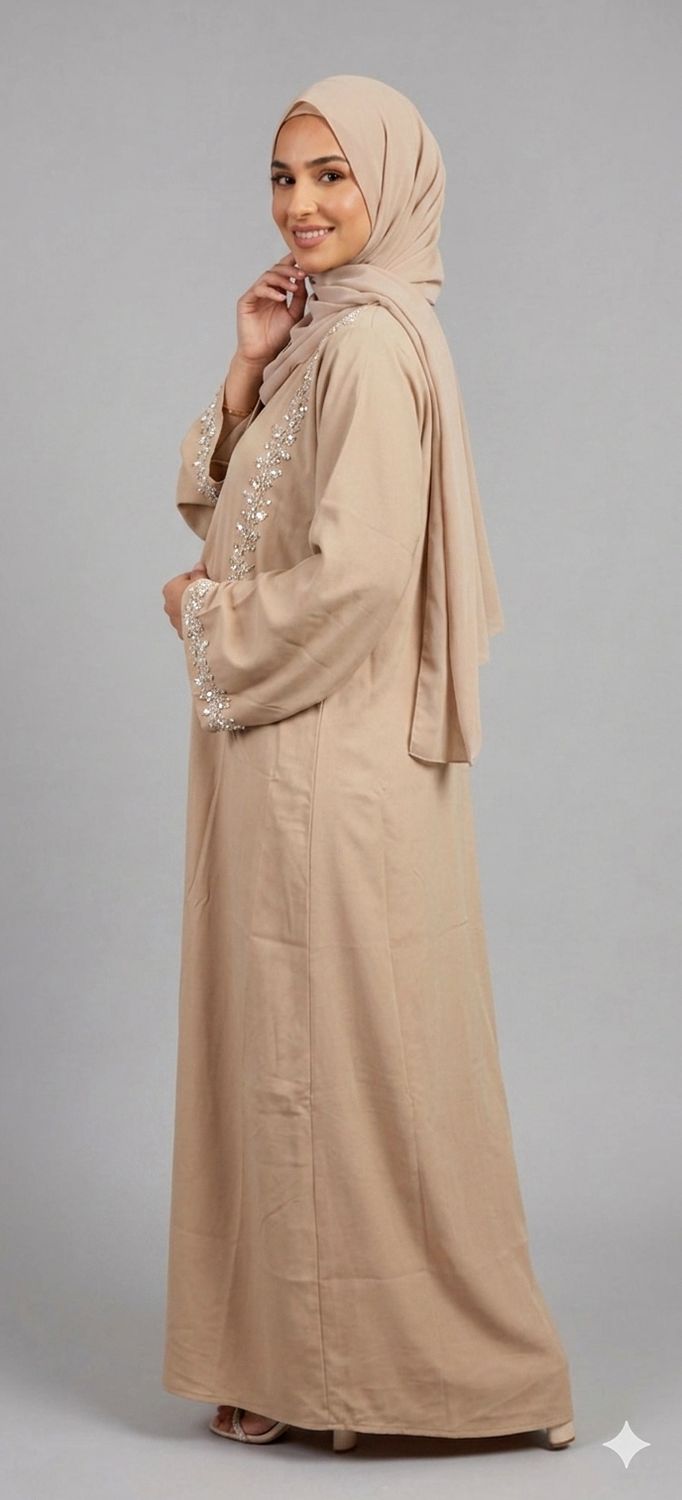 Elegant Beige Beaded Abaya – Modest Luxury Open Front Abaya with Hand Embellished Details