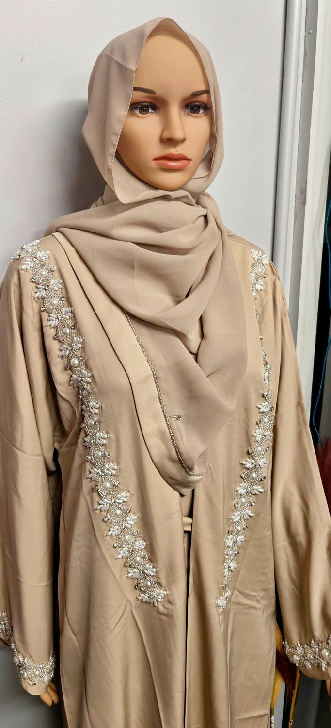 Elegant Beige Beaded Abaya – Modest Luxury Open Front Abaya with Hand Embellished Details