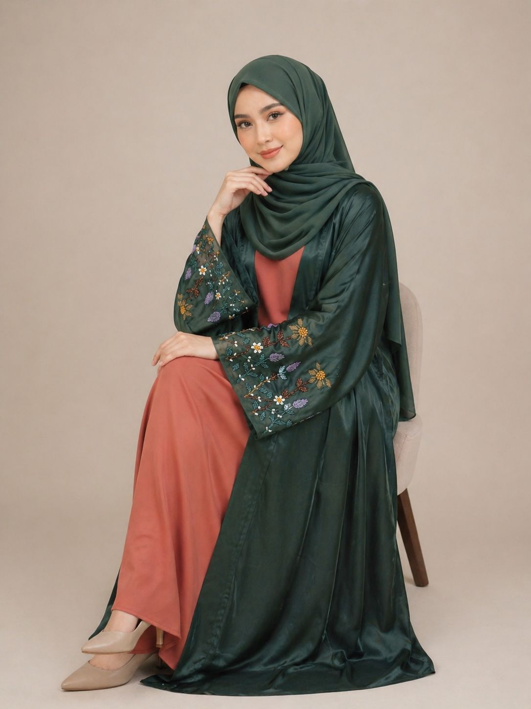 Luxury Dubai Nida Abaya Set with Hand Embroidery – Elegant Modest Wear (Green &amp; Rust)