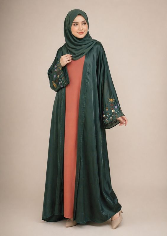 Luxury Dubai Nida Abaya Set with Hand Embroidery – Elegant Modest Wear (Green &amp; Rust)