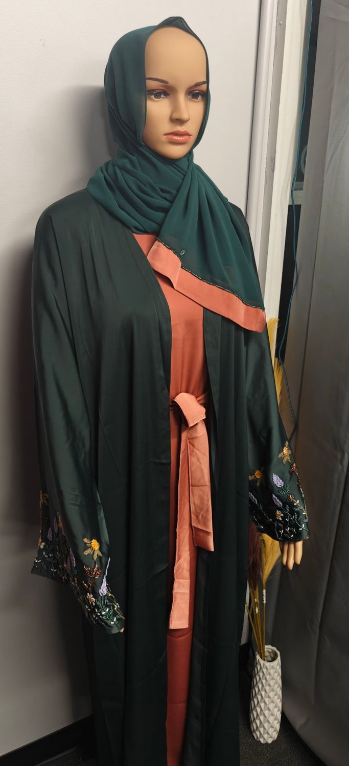 Luxury Dubai Nida Abaya Set with Hand Embroidery – Elegant Modest Wear (Green &amp; Rust)